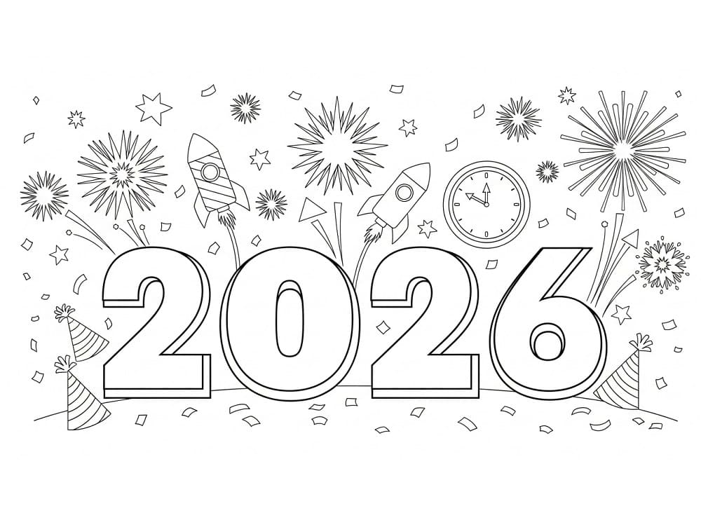 Coloriage Nouvel An 2026 avec feux d'artifice