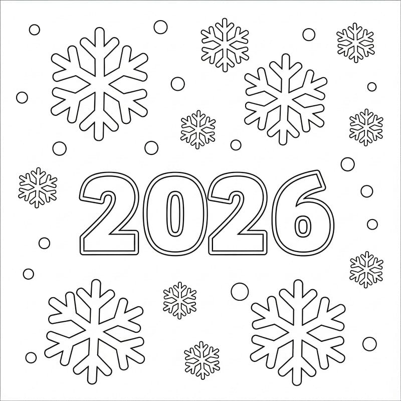 Coloriage Nouvel An 2026 avec flocons de neige