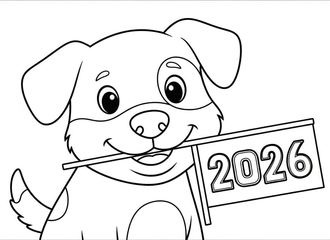 Coloriage Nouvel An 2026 avec un chiot