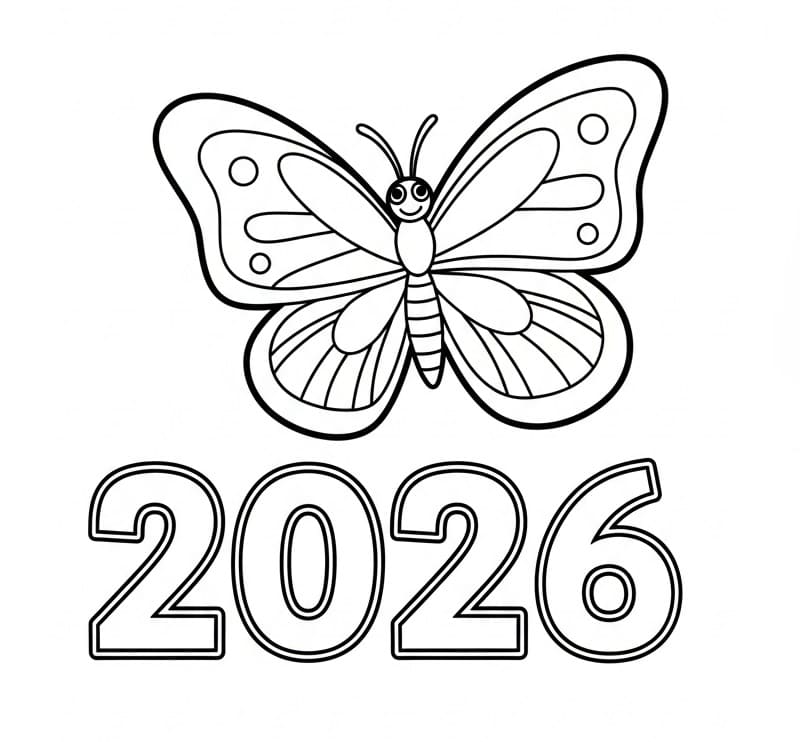 Coloriage Nouvel An 2026 avec un papillon