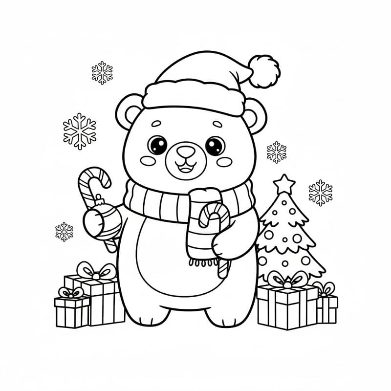 Coloriage Ours de Noël Kawaii