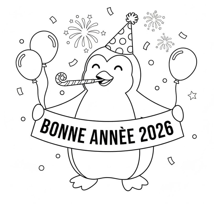 Coloriage Pingouin et bonne année 2026