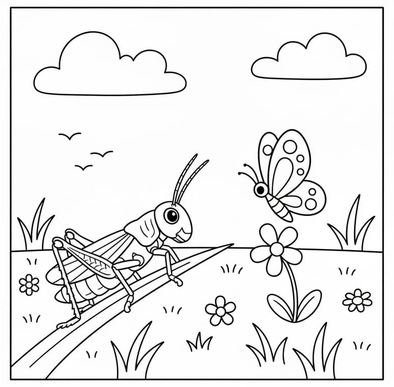 Coloriage Sauterelle et papillon