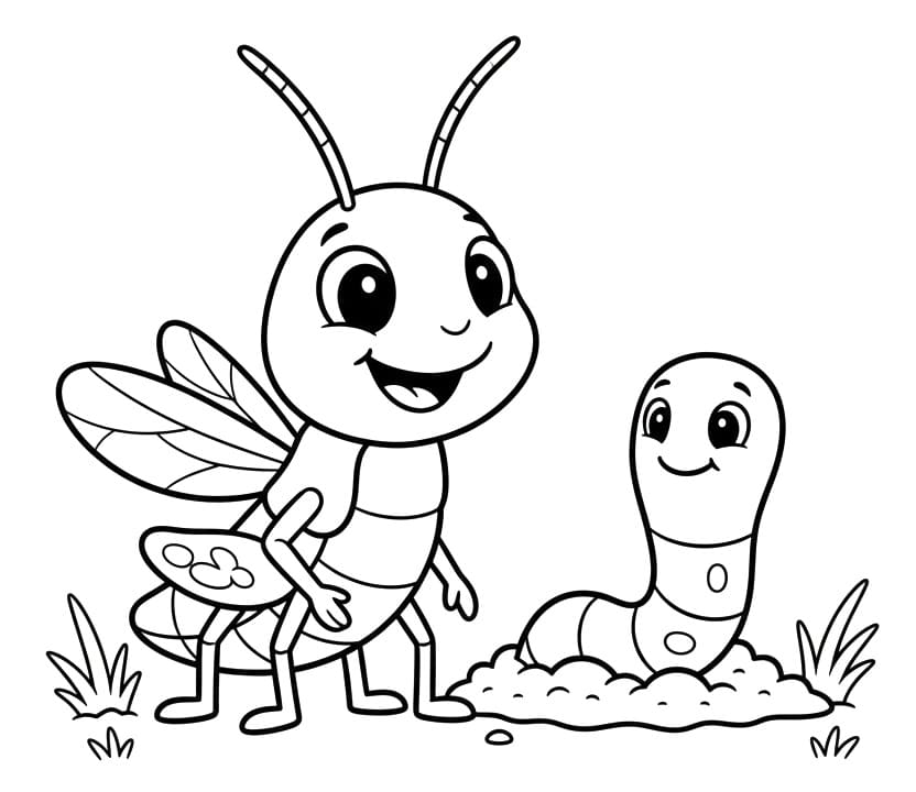 Coloriage Sauterelle et ver de terre