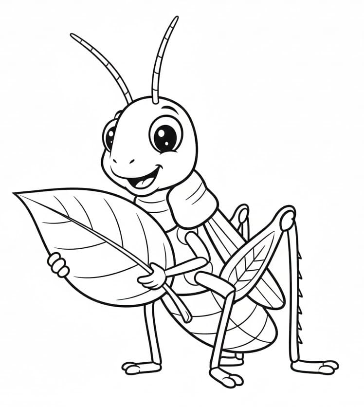 Coloriage Sauterelle tient une feuille
