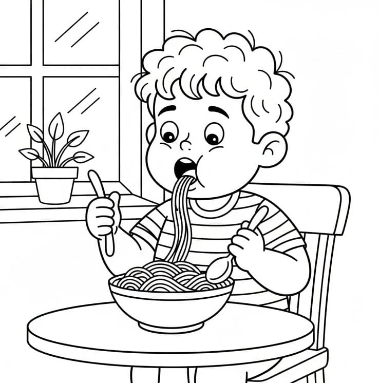 Coloriage Un garçon mange des spaghettis
