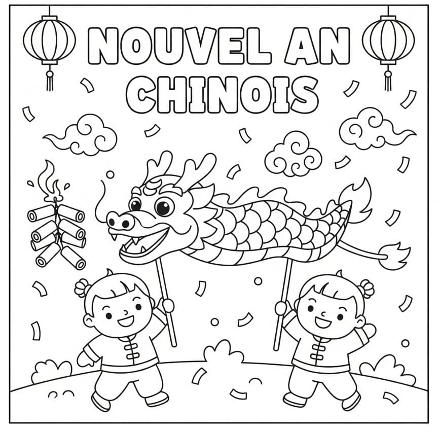 Coloriage Enfants du Nouvel An chinois