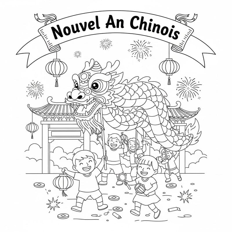 Coloriage Enfants fêtant le Nouvel An chinois