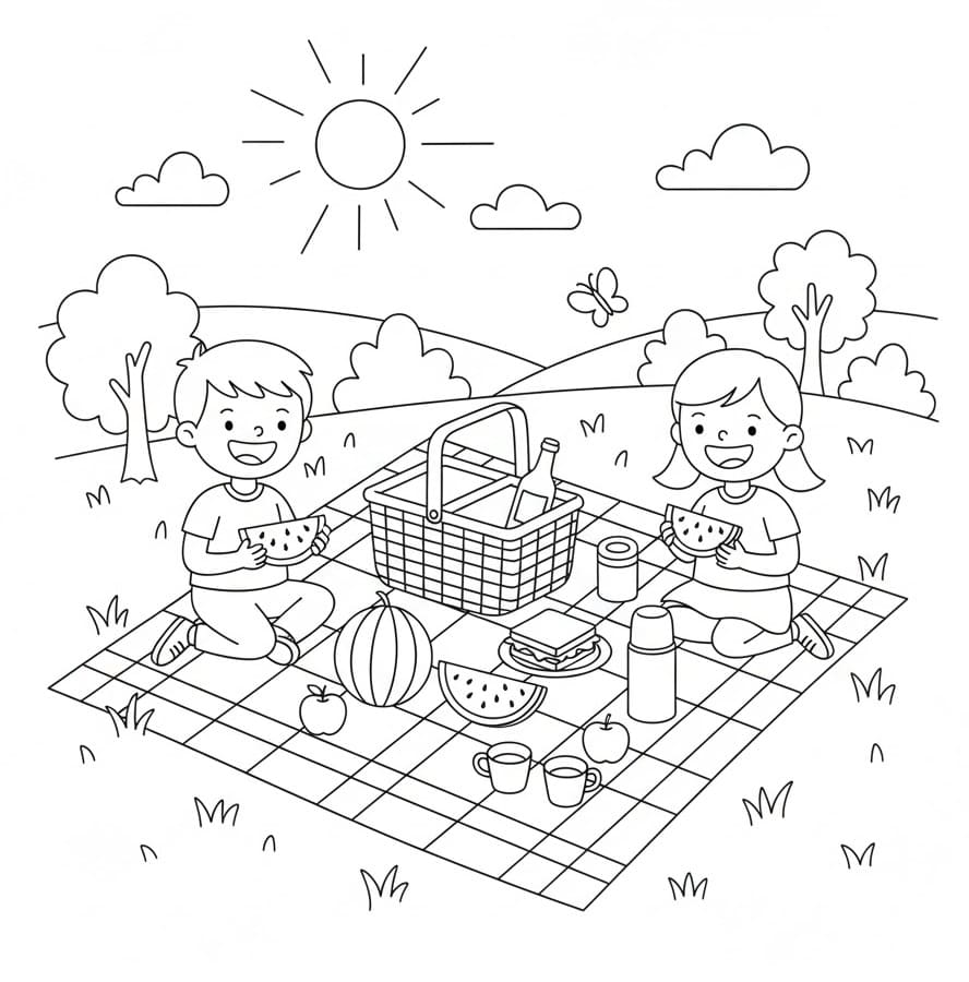Coloriage Enfants pique-nique