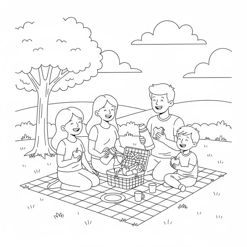 Coloriage Famille en pique-nique