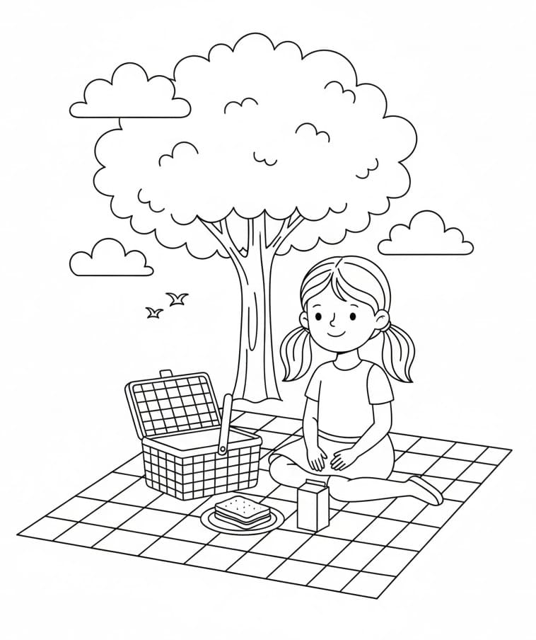 Coloriage Fille en pique-nique