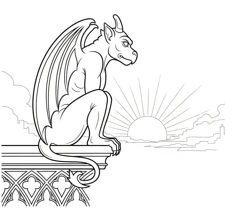 Coloriage Gargouille et lever de soleil