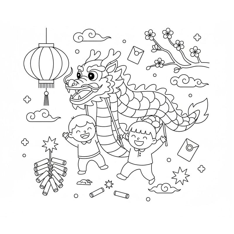 Coloriage Les enfants et le Nouvel An chinois