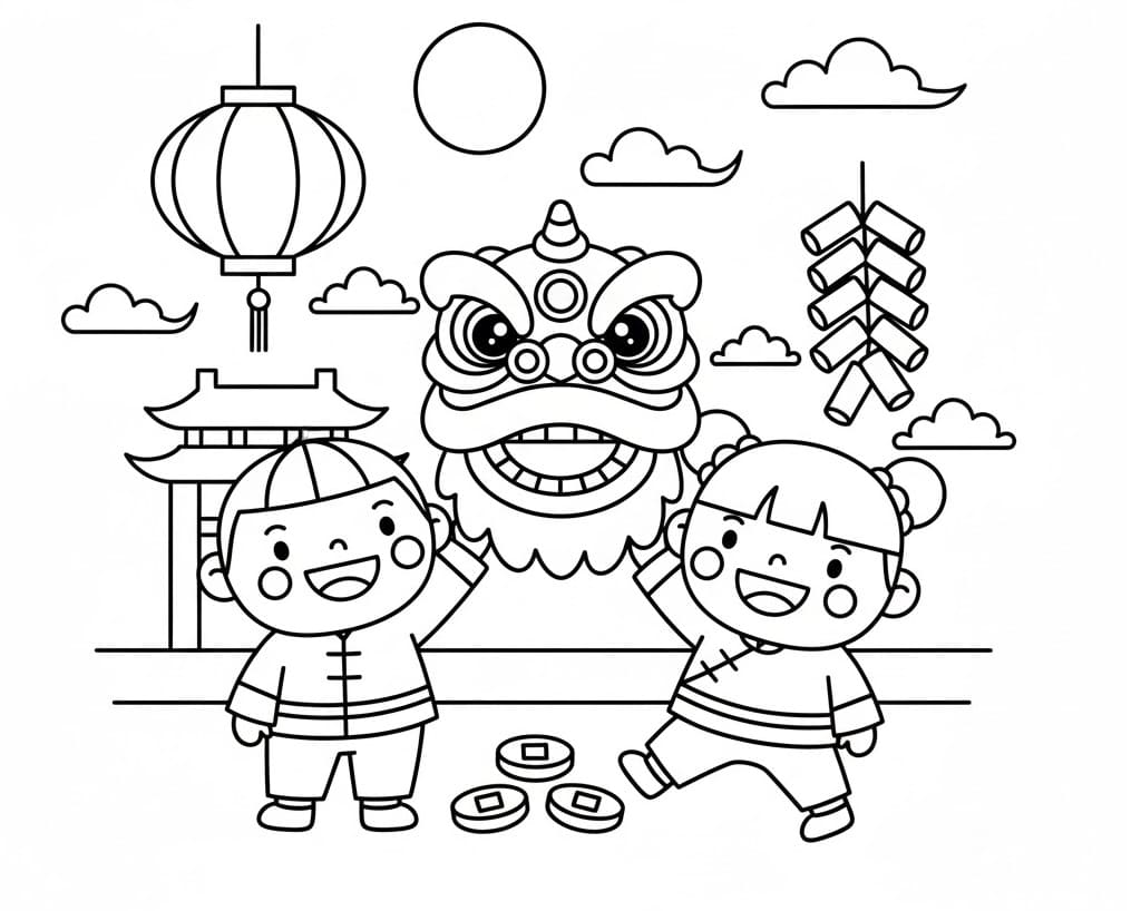 Coloriage Nouvel An chinois avec enfants