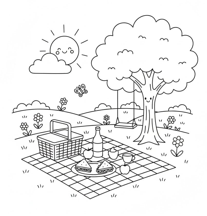 Coloriage Pique-nique Gratuit Pour les Enfants