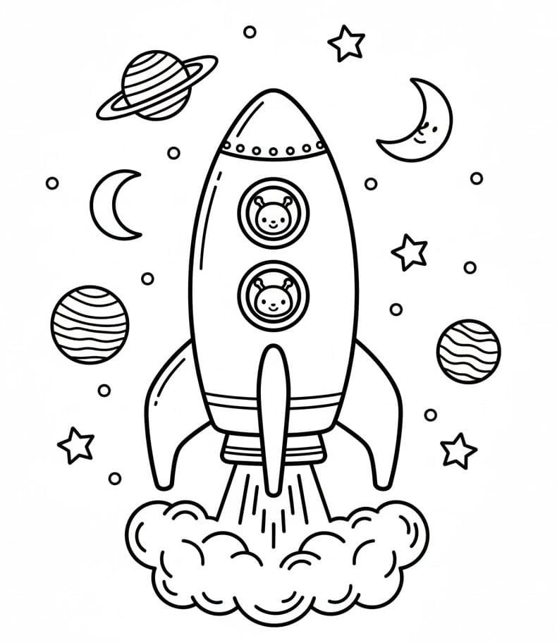 Coloriage Vaisseau spatial et planètes