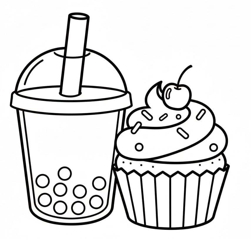 Coloriage Bubble Tea et Cupcake