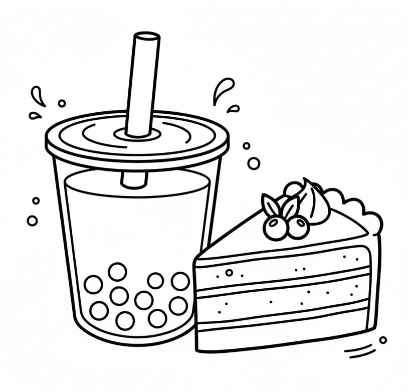 Coloriage Bubble Tea et Gâteau
