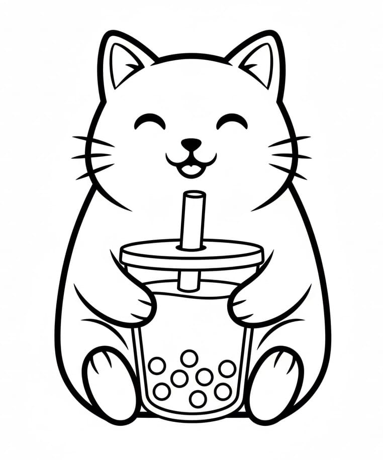 Coloriage Chat et Bubble Tea