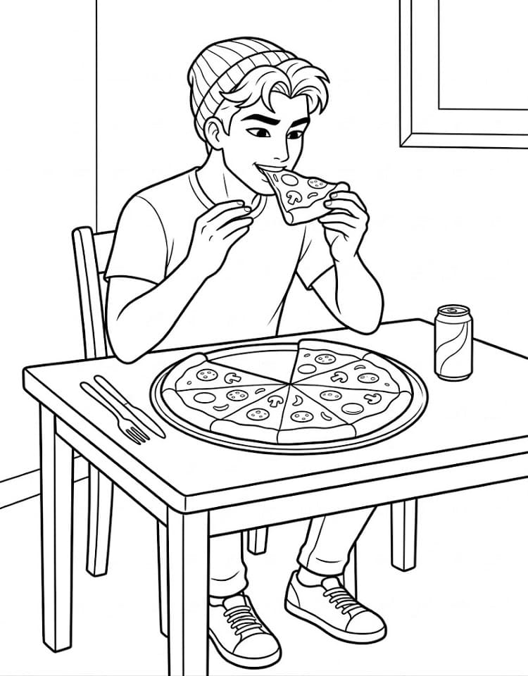 Coloriage Abby Saja mange une pizza