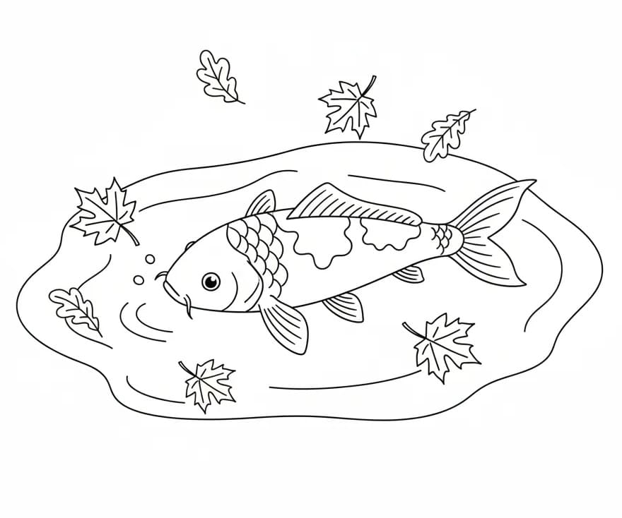 Coloriage Carpe koi et Feuilles