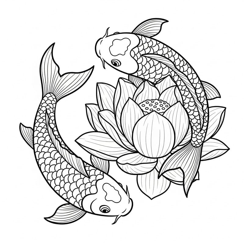 Coloriage Carpes koï et lotus