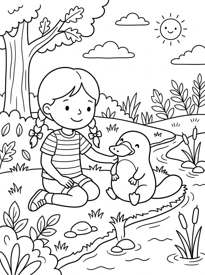 Coloriage Fille avec ornithorynque