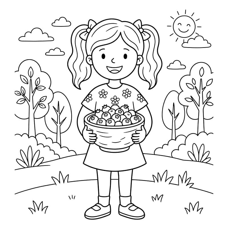 Coloriage Fille et bol de myrtilles