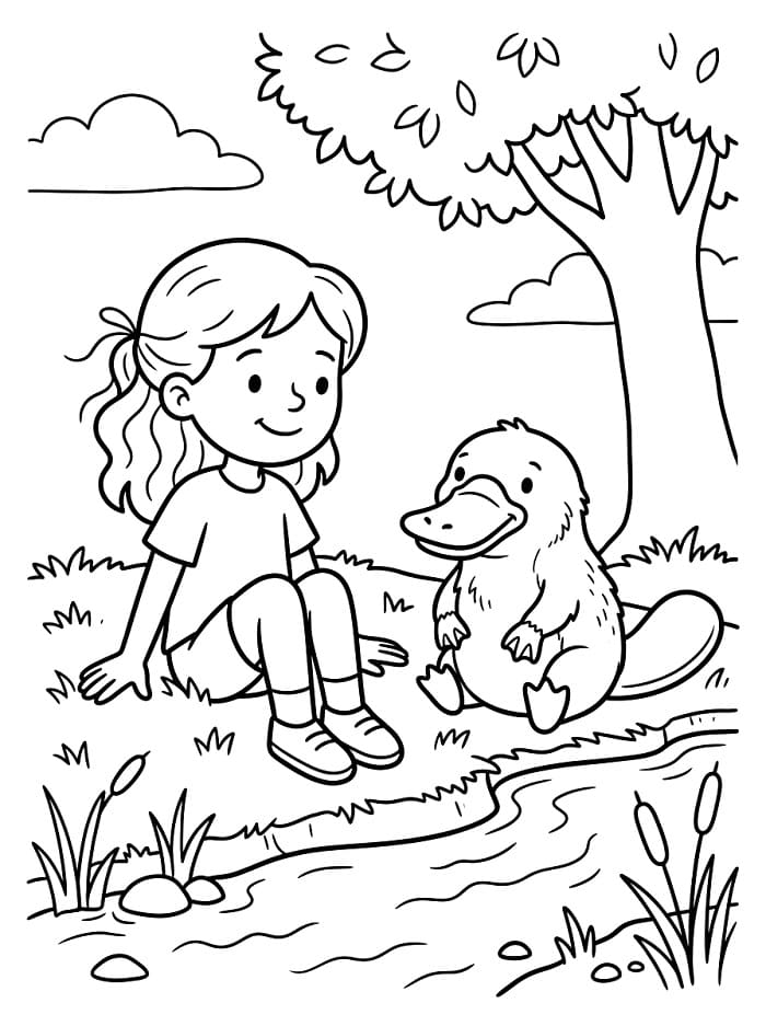 Coloriage Fille et ornithorynque