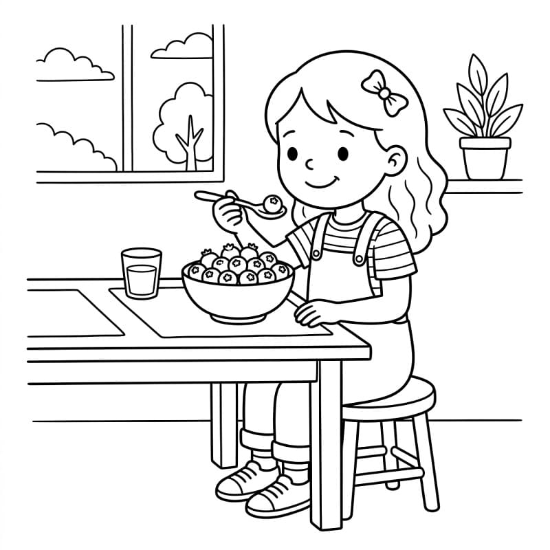 Coloriage Fille mangeant une myrtille