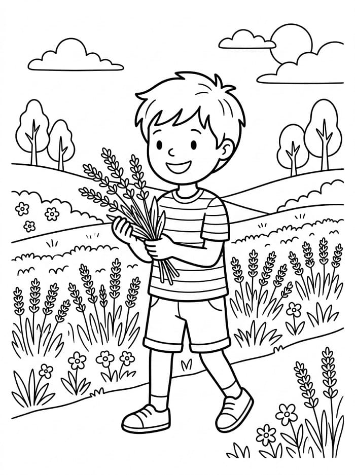 Coloriage Garçon aux lavandes