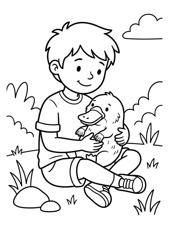 Coloriage Garçon enlace un ornithorynque