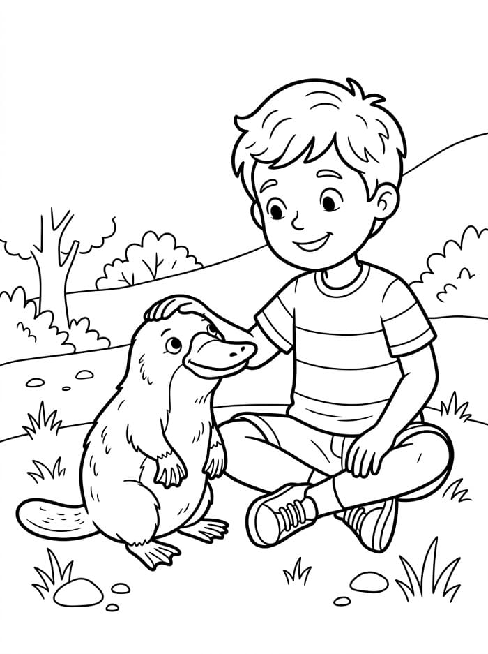Coloriage Garçon et ornithorynque