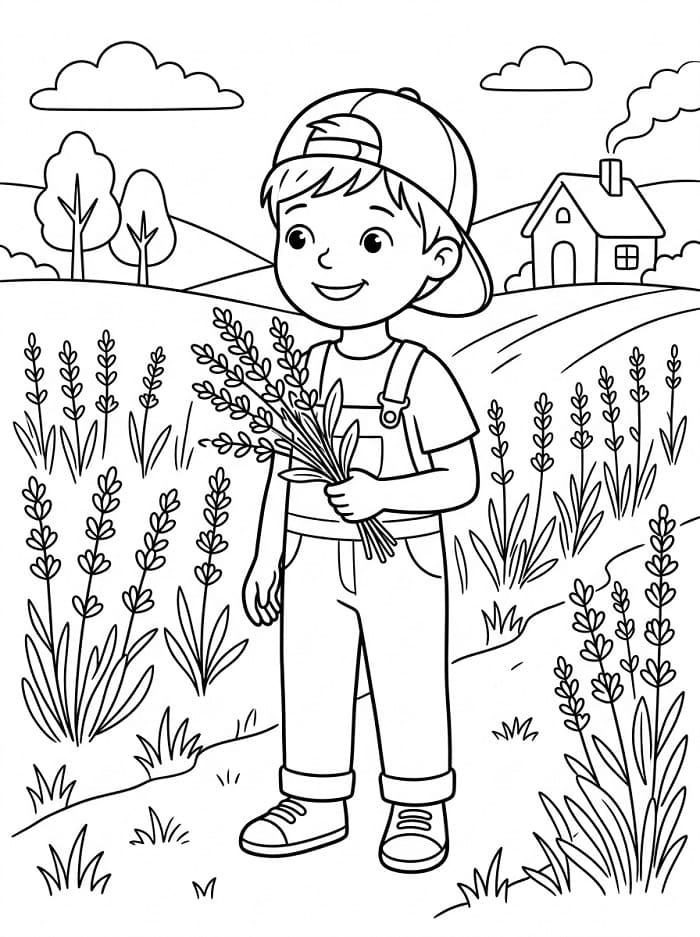 Coloriage Garçon tenant des lavandes