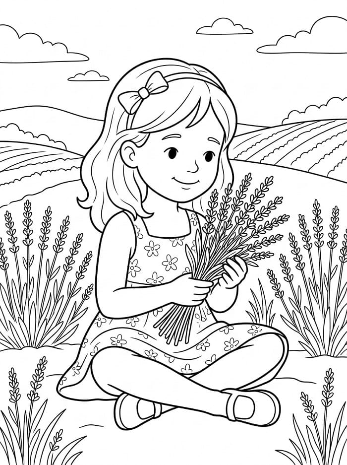 Coloriage Jeune fille tenant des lavandes