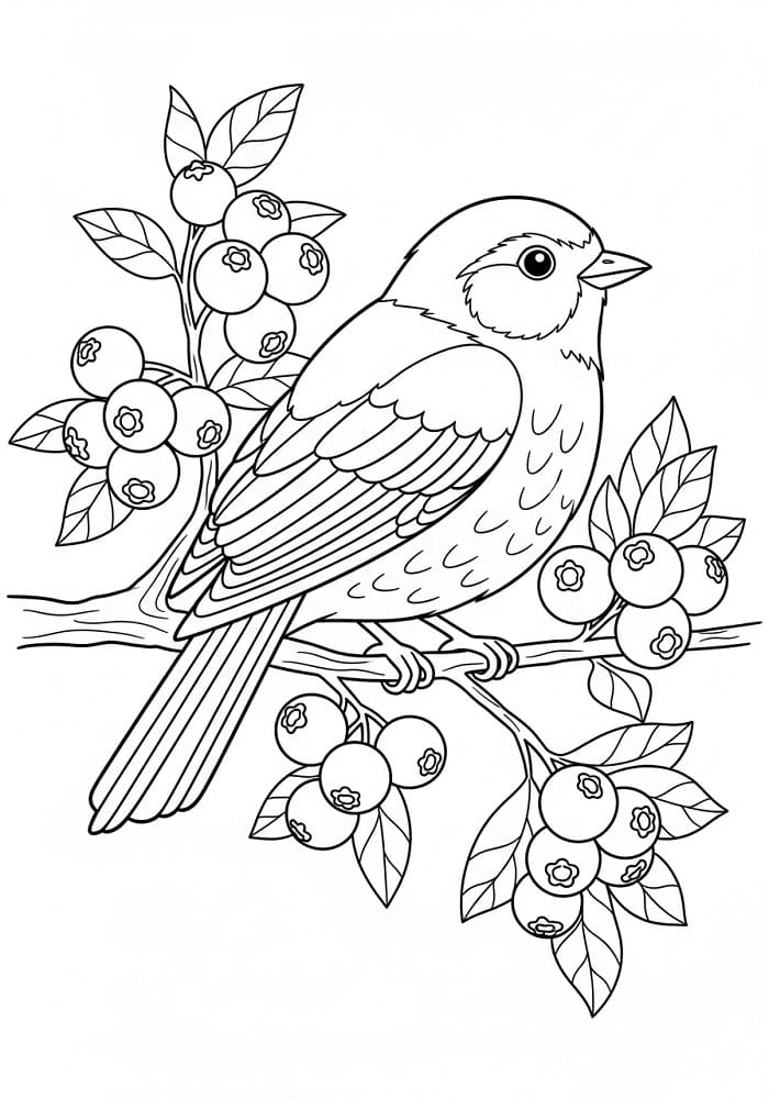 Coloriage Oiseau sur une branche de myrtilles