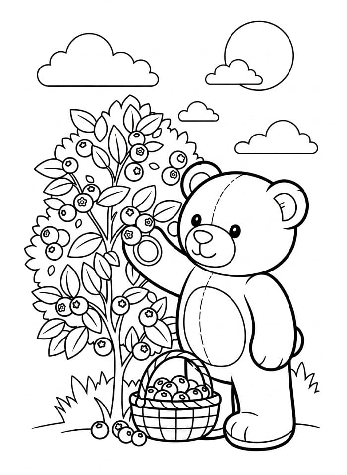 Coloriage Ours en peluche et plant de myrtilles