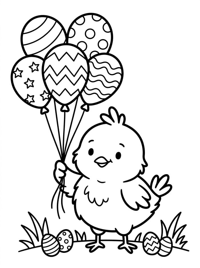 Coloriage Poussin de Pâques avec des ballons