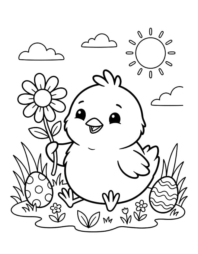 Coloriage Poussin de Pâques avec une fleur