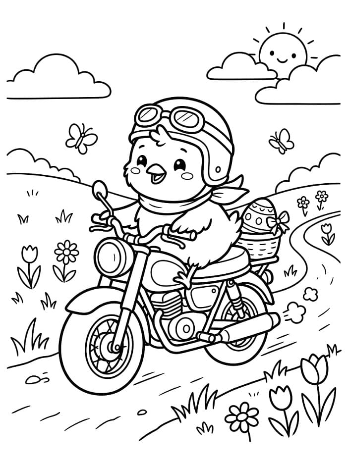 Coloriage Poussin de Pâques conduit une moto