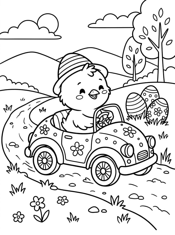 Coloriage Poussin de Pâques conduit une voiture