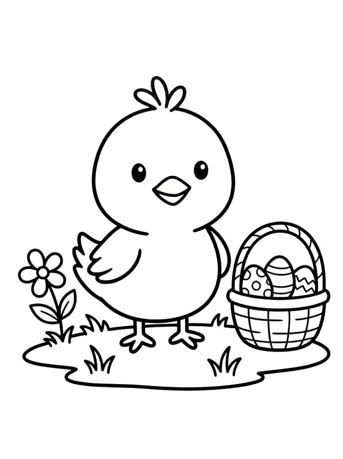 Coloriage Poussin de Pâques et panier