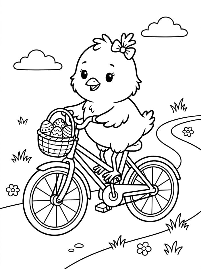 Coloriage Poussin de Pâques fait du vélo