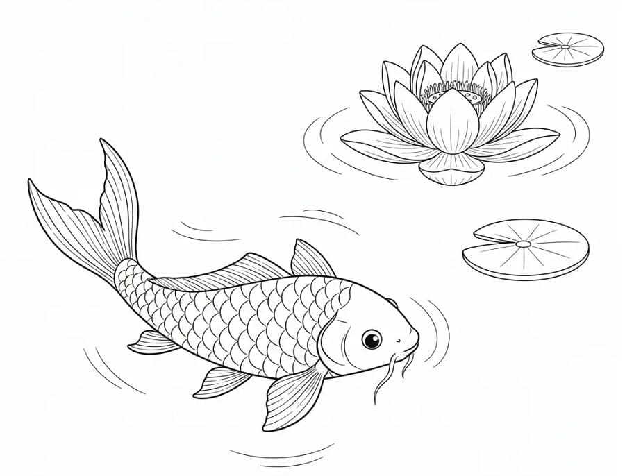 Coloriage Une carpe koï et un lotus