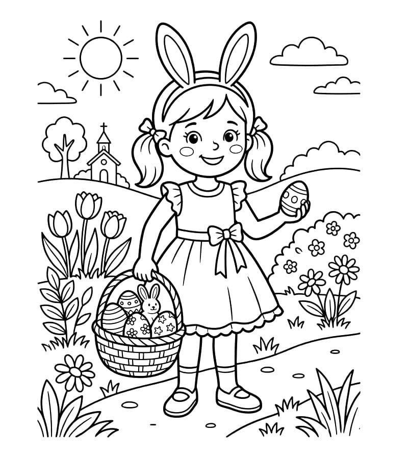 Coloriage Une Fille à Pâques