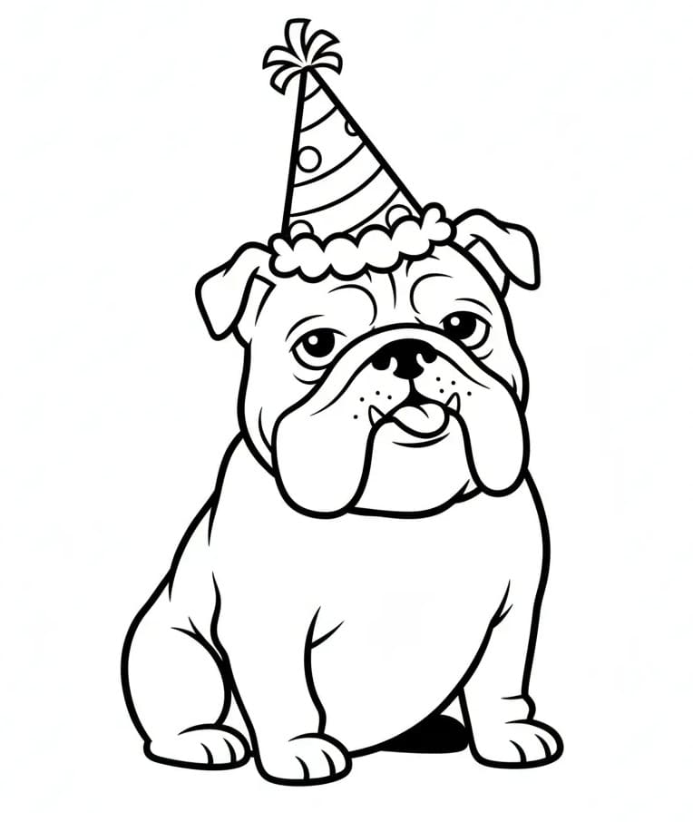 Coloriage Bouledogue avec chapeau de fête