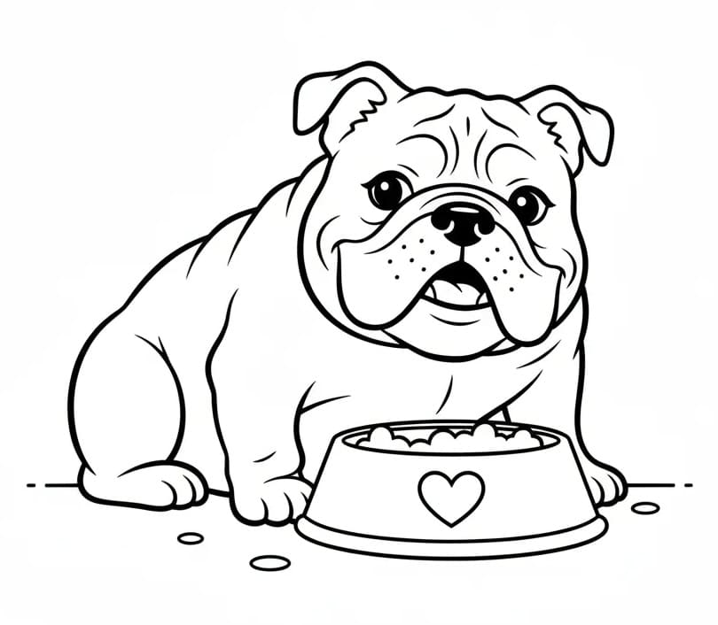 Coloriage Bouledogue avec sa gamelle