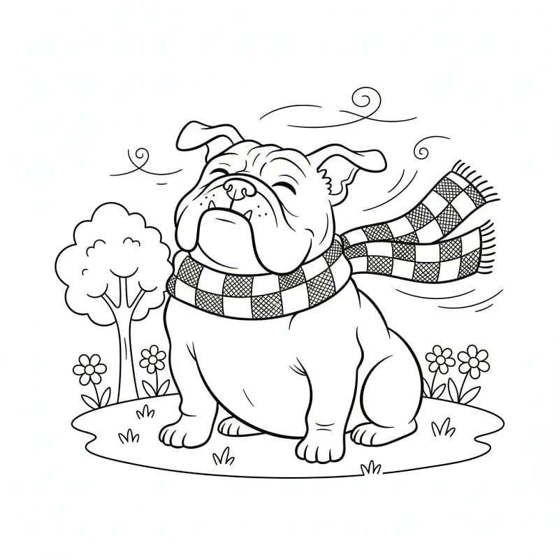 Coloriage Bouledogue avec une écharpe