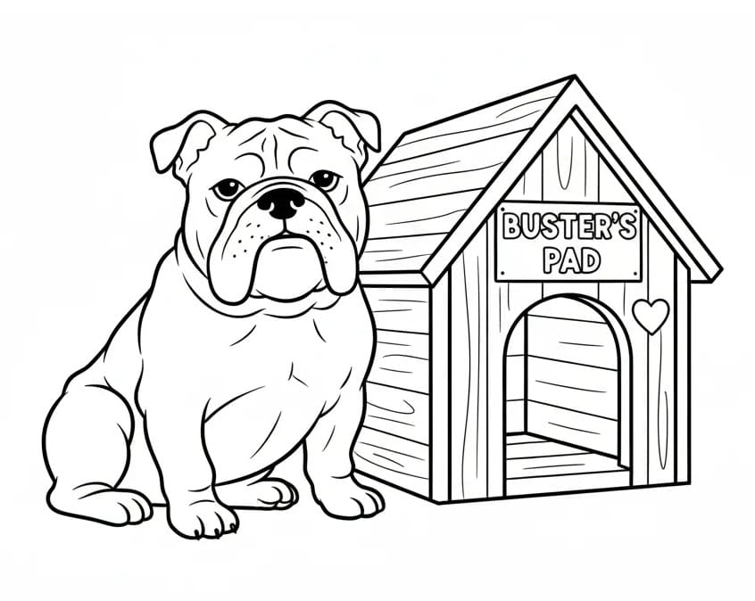 Coloriage Bouledogue et niche pour chien