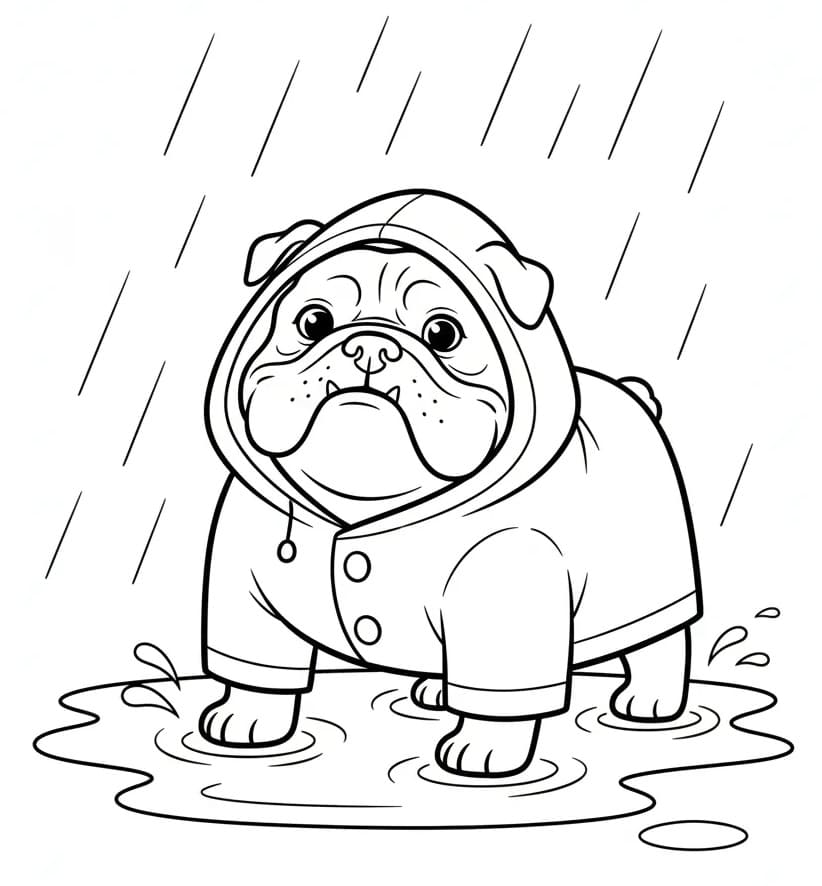 Coloriage Bouledogue sous la pluie